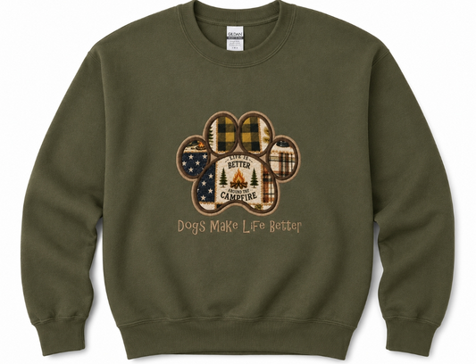 Dogs Make Life Better Embroidered  Campfire Crewneck Sweatshirt