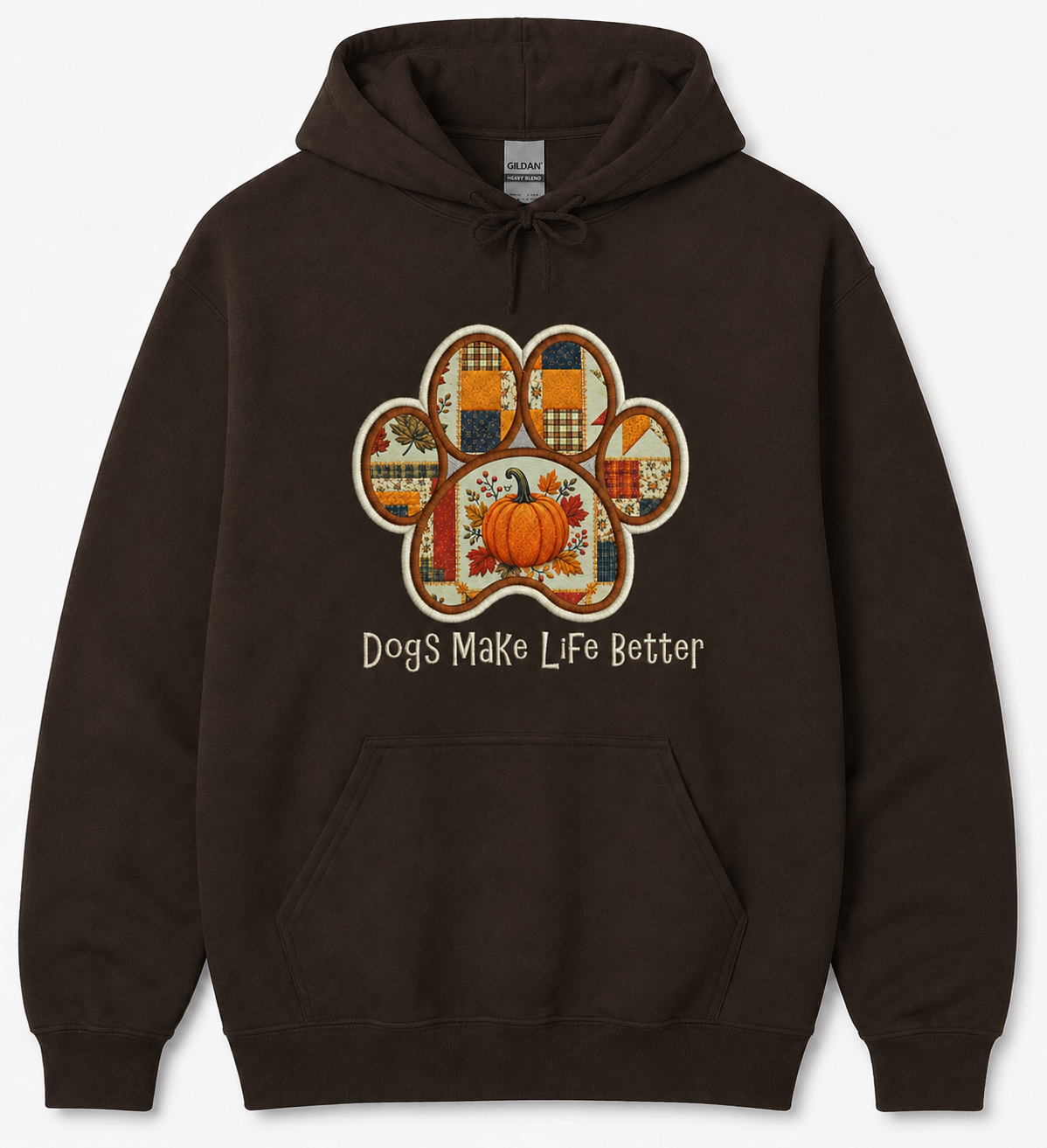 Fall Pumpkin Patchwork Quilt Paw Applique Embroidered Hoodie - Dogs Make Life Better