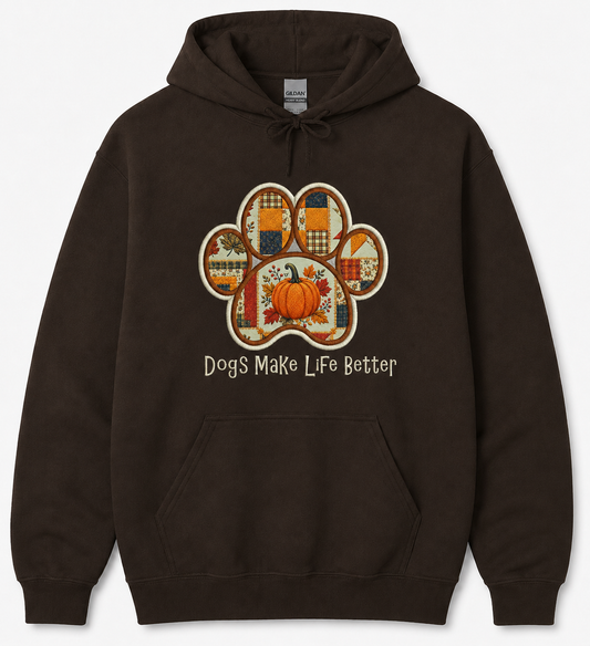 Fall Pumpkin Patchwork Quilt Paw Applique Embroidered Hoodie - Dogs Make Life Better
