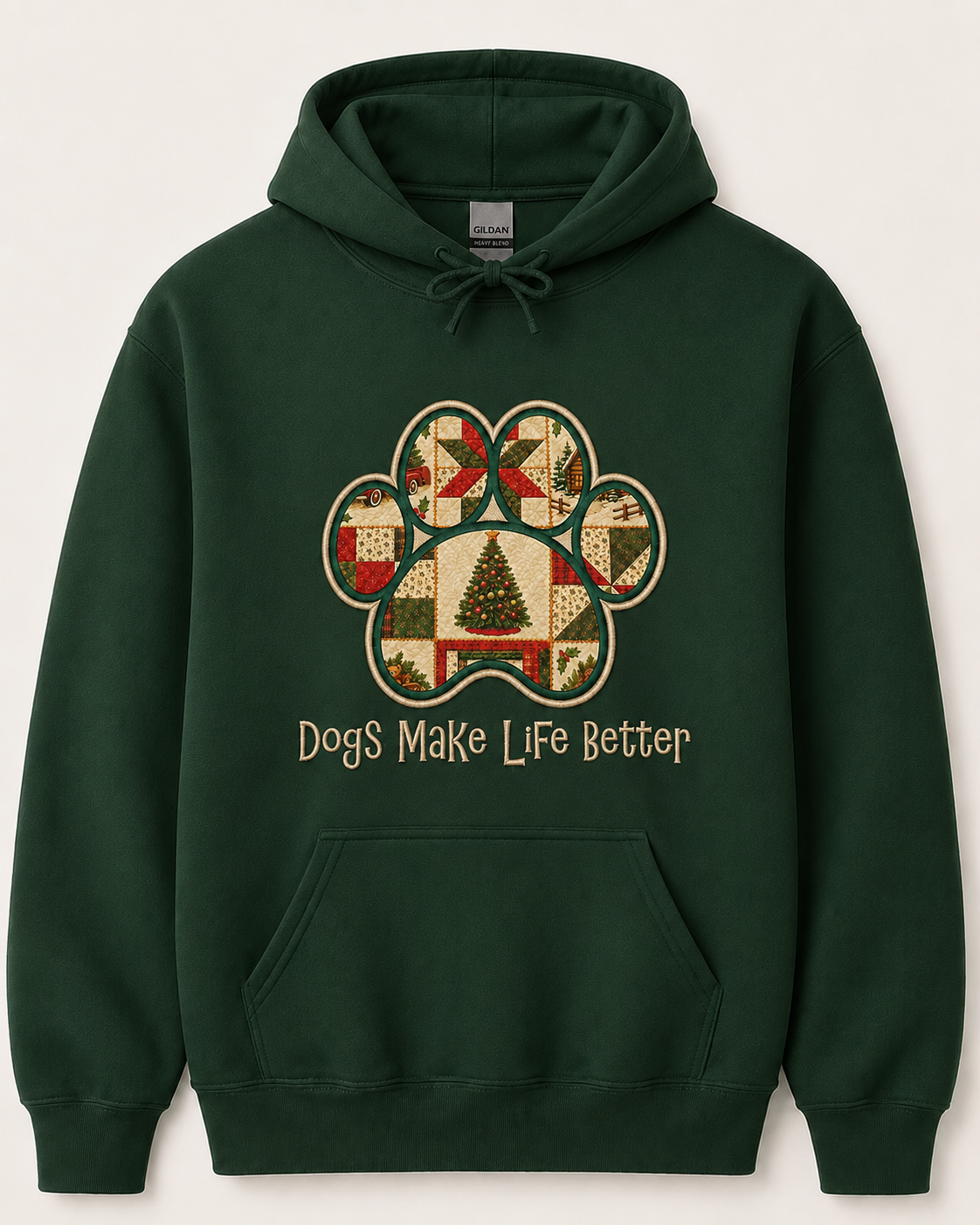 Christmas Quilt Paw Applique Embroidered Hoodie - Dogs Make Life Better