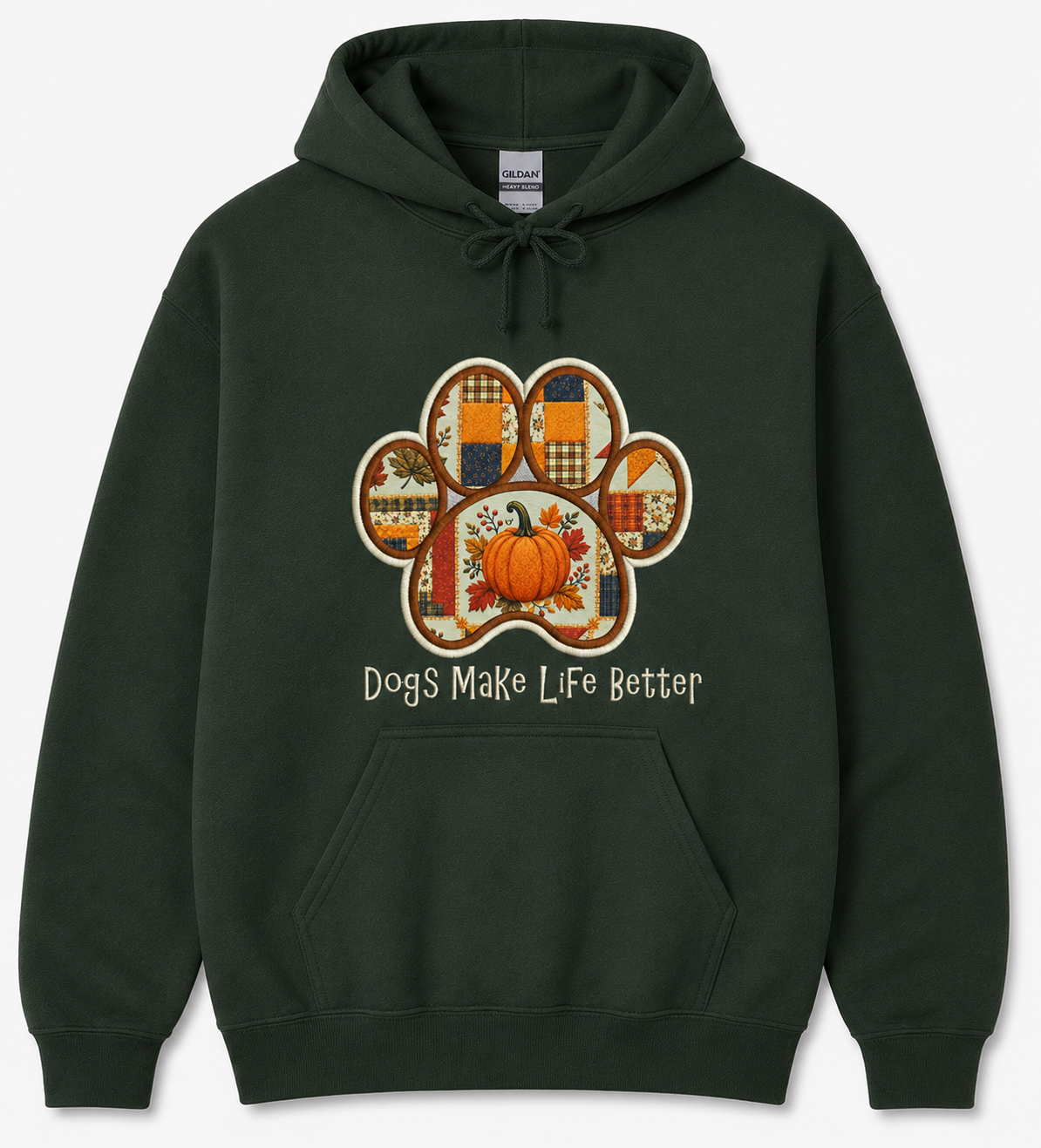 Fall Pumpkin Patchwork Quilt Paw Applique Embroidered Hoodie - Dogs Make Life Better