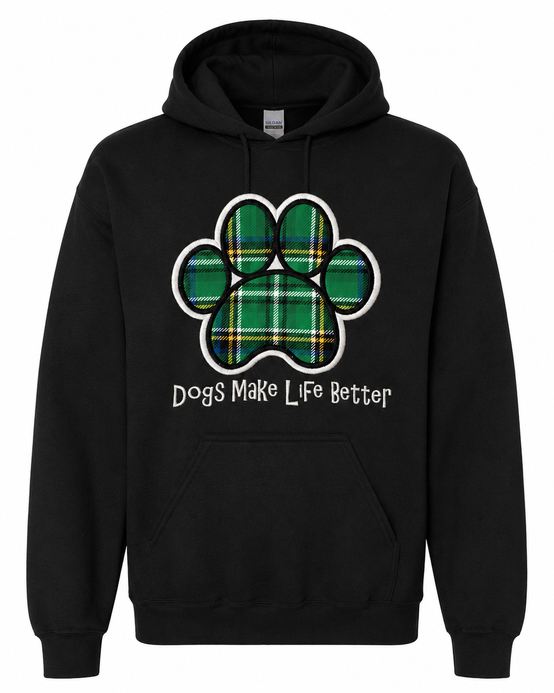 Green Plaid Paw Embroidered Hoodie- Dogs Make Life Better