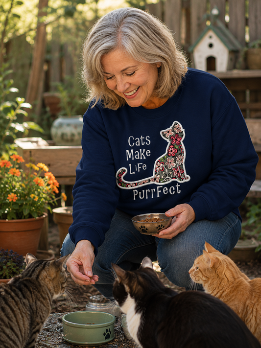 Cats Make Life Purrfect Embroidered crewneck Sweatshirts