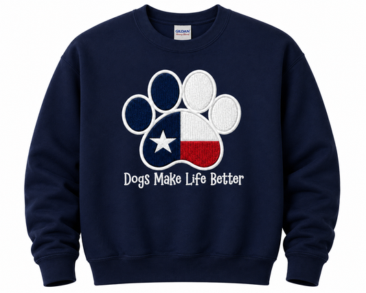 Texas State Paw Embroidered Crewneck Sweatshirt- Dogs Make Life Better