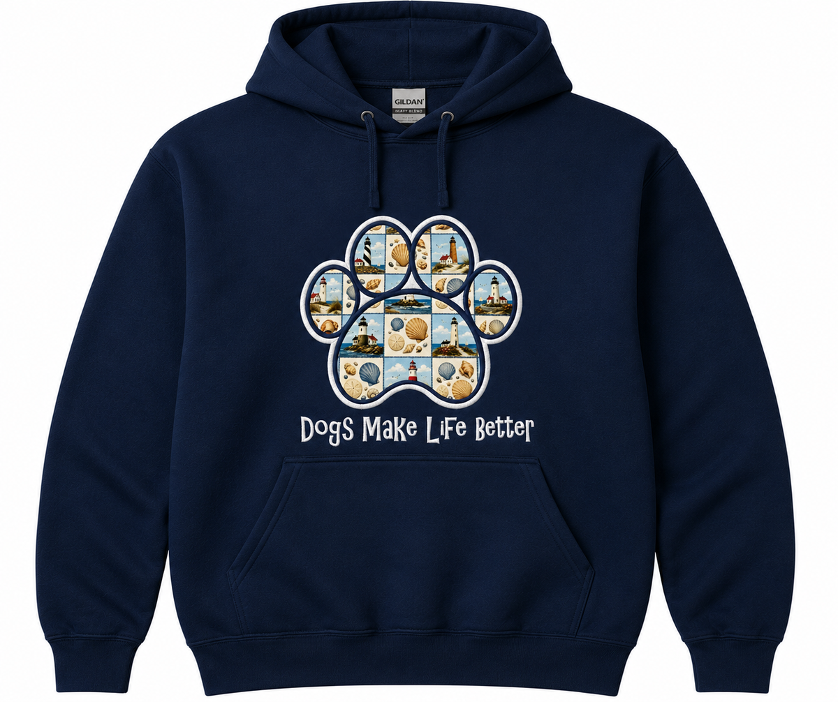 Lighthouse  Patchwork Quilt Paw Applique Embroidered Hoodie - Dogs Make Life Better
