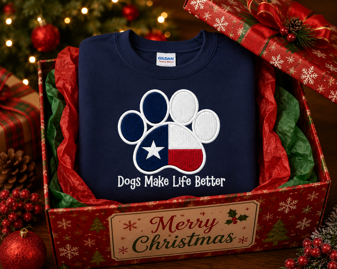 Texas State Flag Paw Embroidered Hoodie Dogs Make Life Better