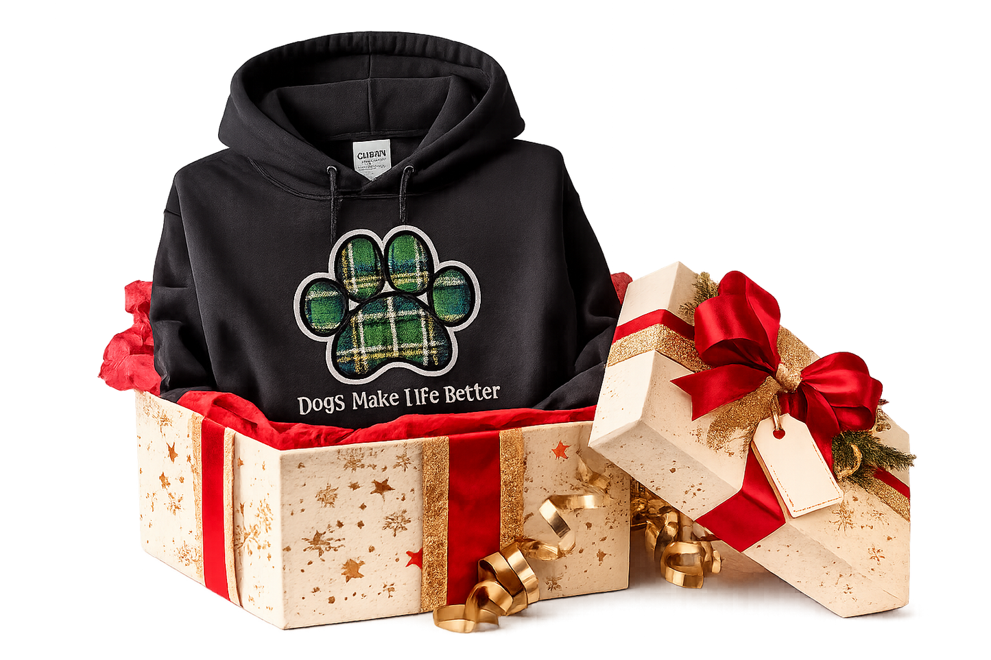 Green Plaid Paw Embroidered Hoodie- Dogs Make Life Better