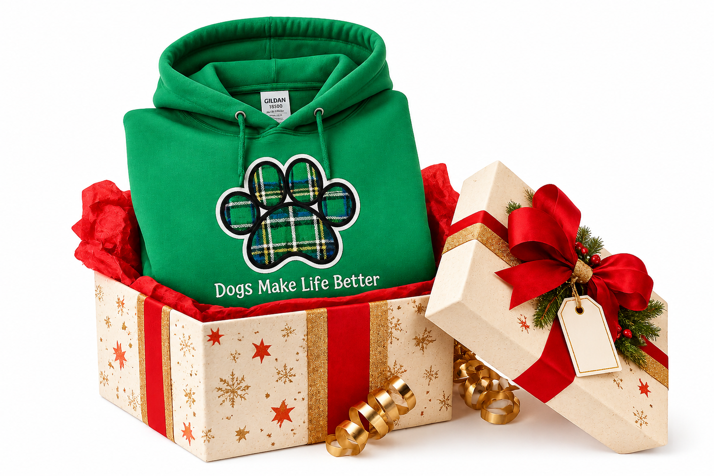 Green Plaid Paw Embroidered Hoodie- Dogs Make Life Better
