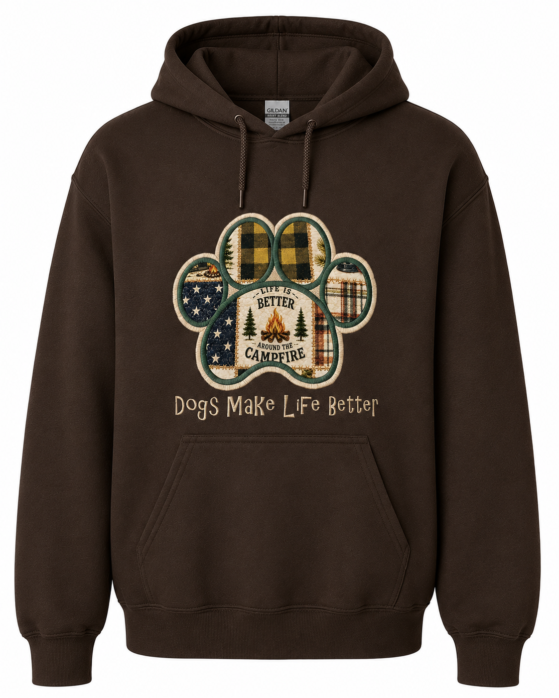 Campfire  Patchwork Quilt Paw Applique Embroidered Hoodie - Dogs Make Life Better