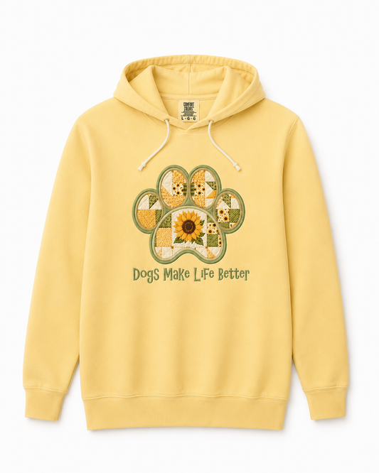 Sunflower Paw Applique Embroidered Hoodie - Dogs Make Life Better