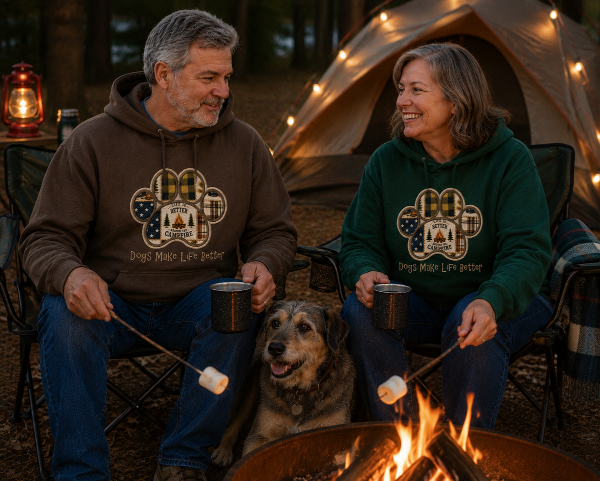 Campfire  Patchwork Quilt Paw Applique Embroidered Hoodie - Dogs Make Life Better
