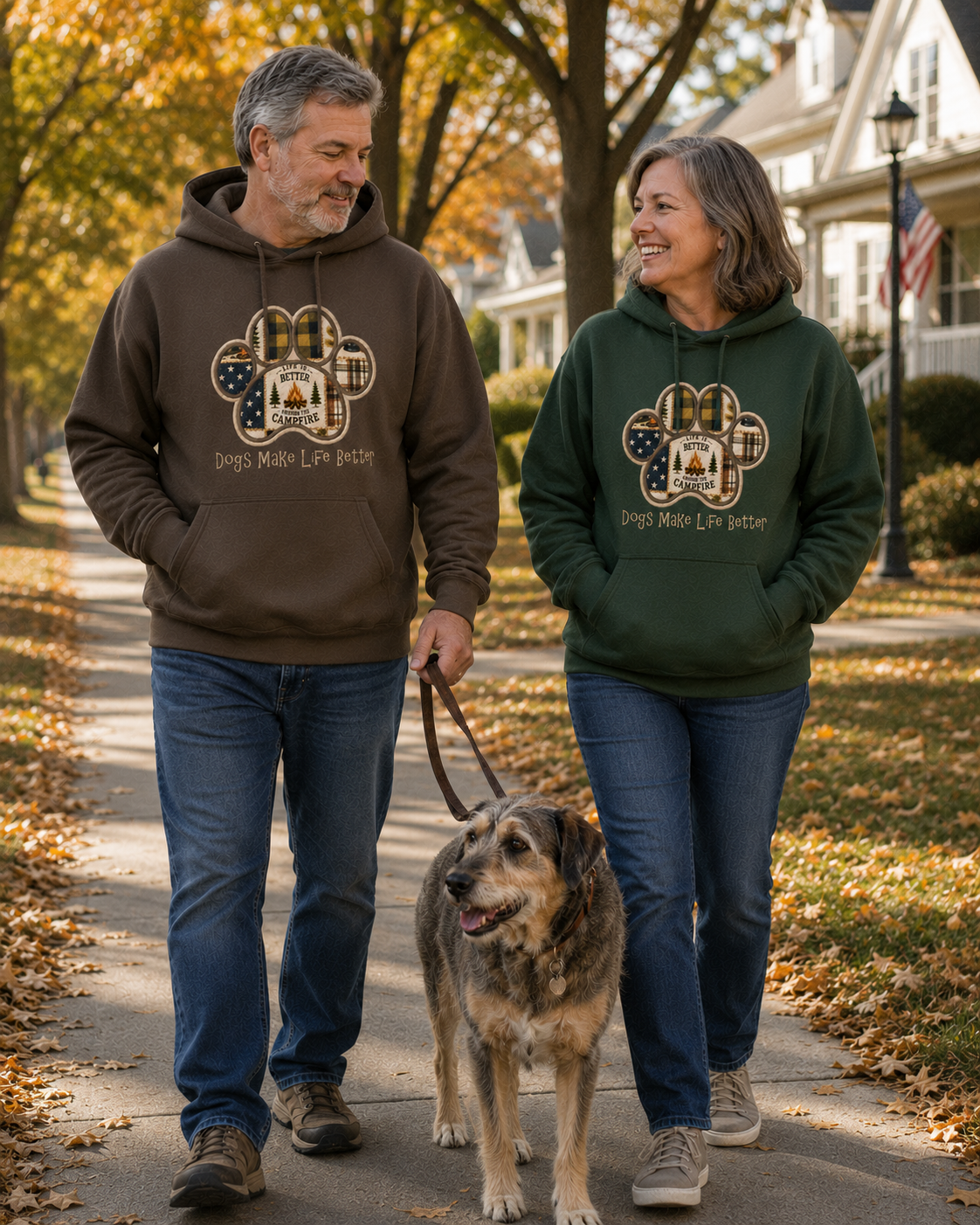 Campfire  Patchwork Quilt Paw Applique Embroidered Hoodie - Dogs Make Life Better