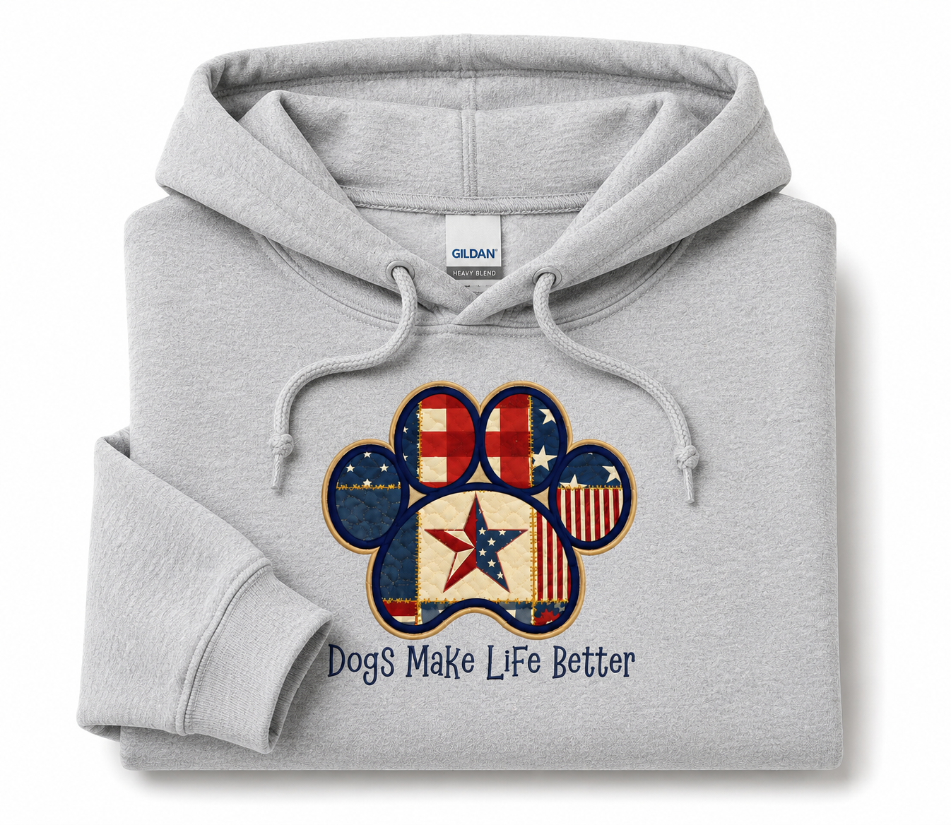 USA Patchwork Quilt Paw Applique Embroidered Hoodie - Dogs Make Life Better