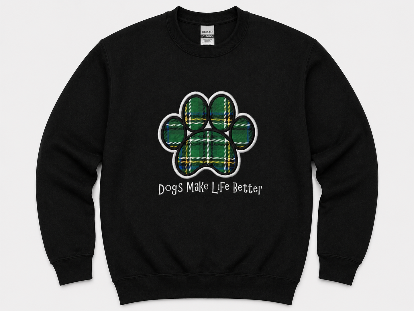 Green Plaid Paw Embroidered Crewneck Sweatshirt- Dogs Make Life Better