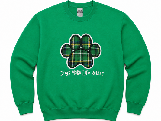 Green Plaid Paw Embroidered Crewneck Sweatshirt- Dogs Make Life Better