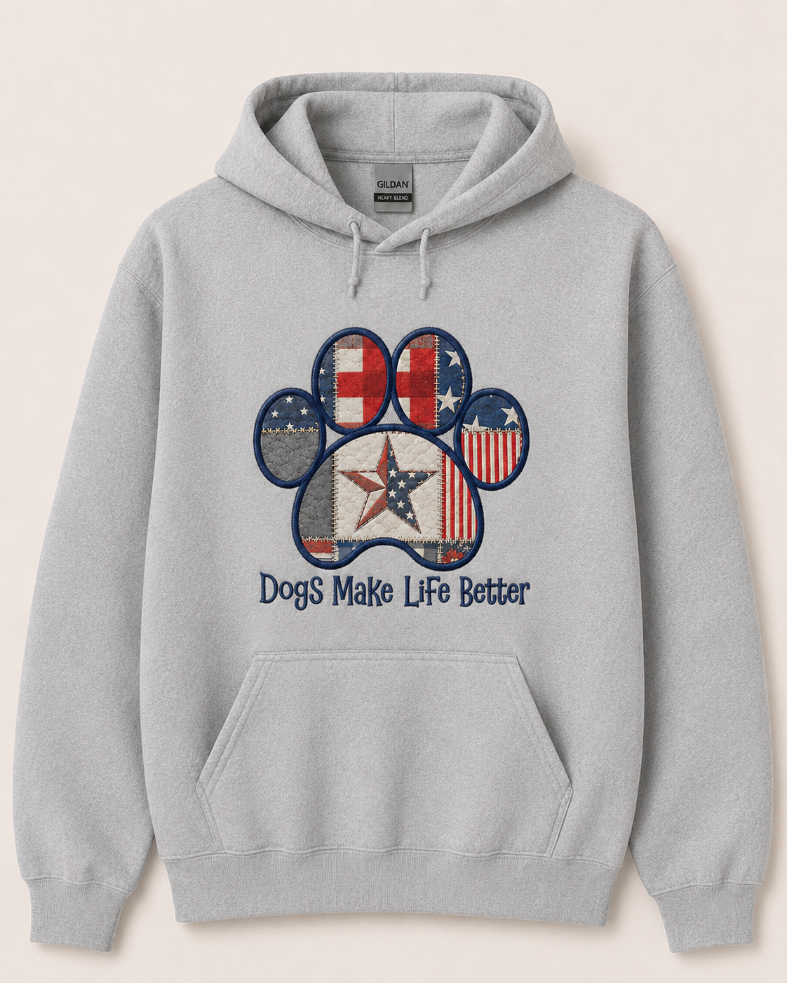 USA Patchwork Quilt Paw Applique Embroidered Hoodie - Dogs Make Life Better
