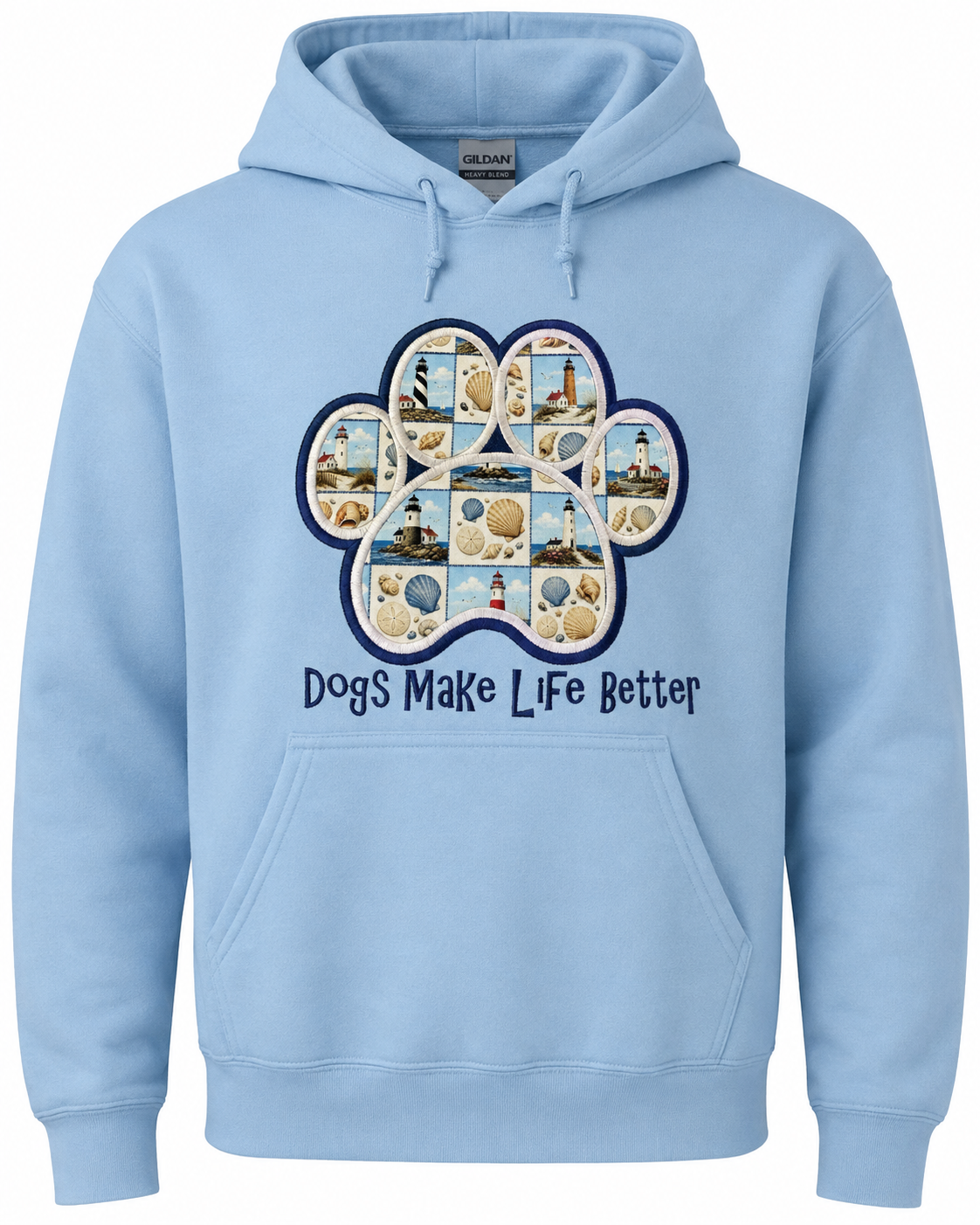 Lighthouse  Patchwork Quilt Paw Applique Embroidered Hoodie - Dogs Make Life Better