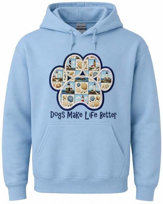 Lighthouse  Patchwork Quilt Paw Applique Embroidered Hoodie - Dogs Make Life Better