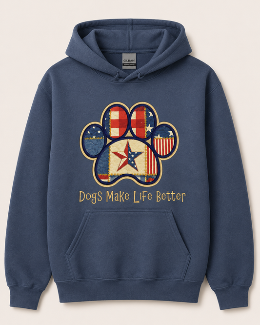 USA Patchwork Quilt Paw Applique Embroidered Hoodie - Dogs Make Life Better