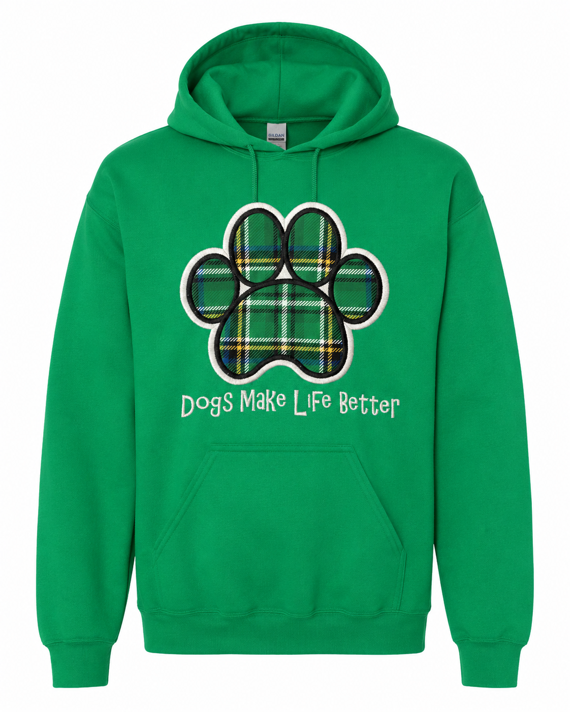 Green Plaid Paw Embroidered Hoodie- Dogs Make Life Better
