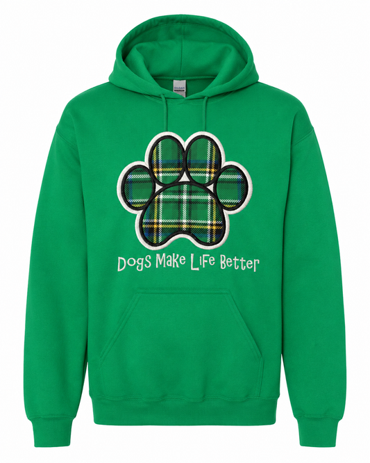 Green Plaid Paw Embroidered Hoodie- Dogs Make Life Better