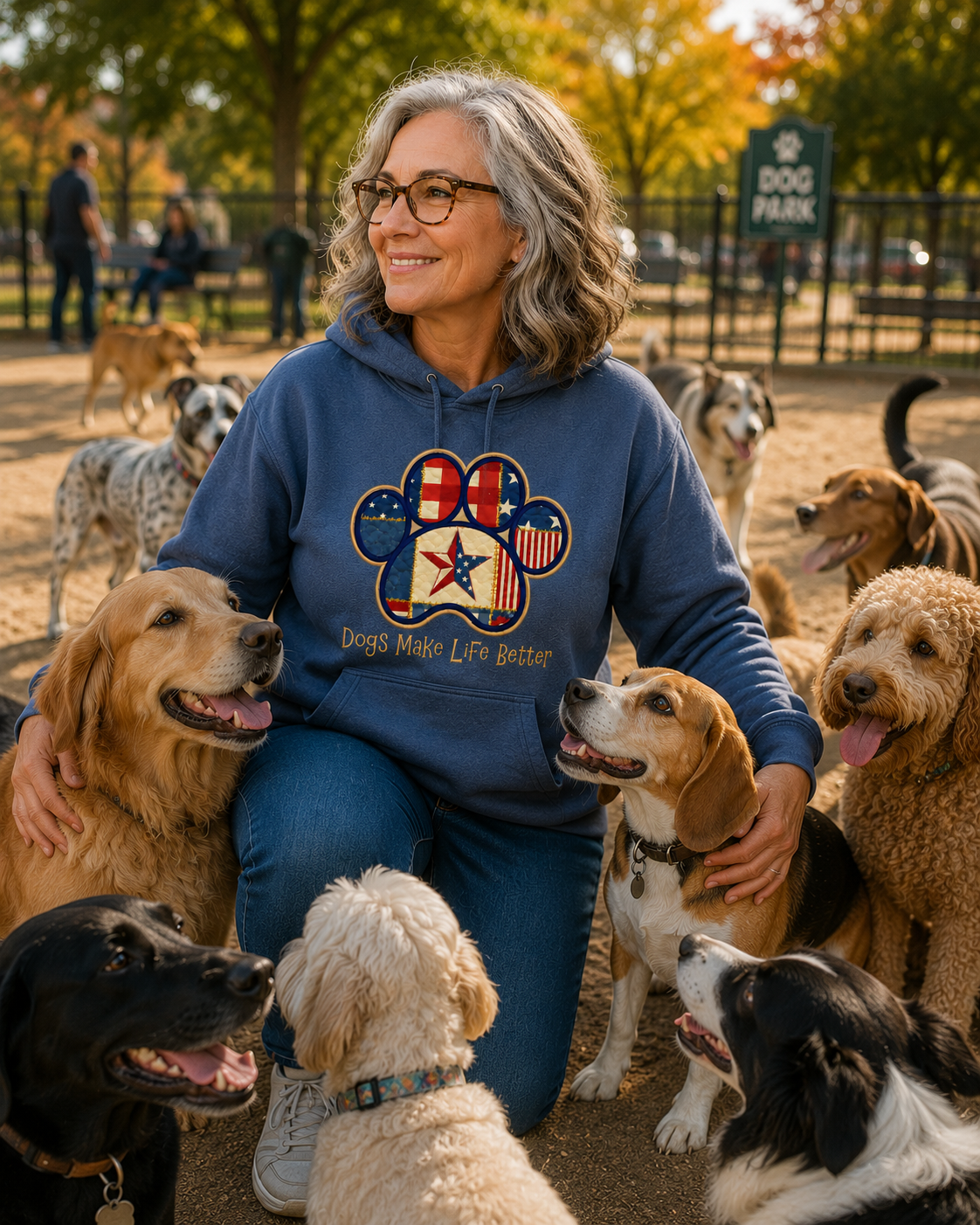 USA Patchwork Quilt Paw Applique Embroidered Hoodie - Dogs Make Life Better