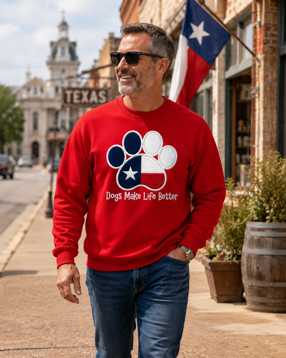 Texas State Paw Embroidered Crewneck Sweatshirt- Dogs Make Life Better