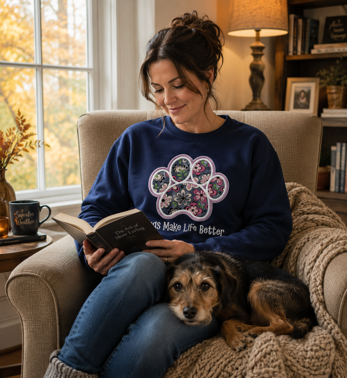 Flower Paw Embroidered Dog Lover Crewneck sweatshirt - Dogs Make Life Better