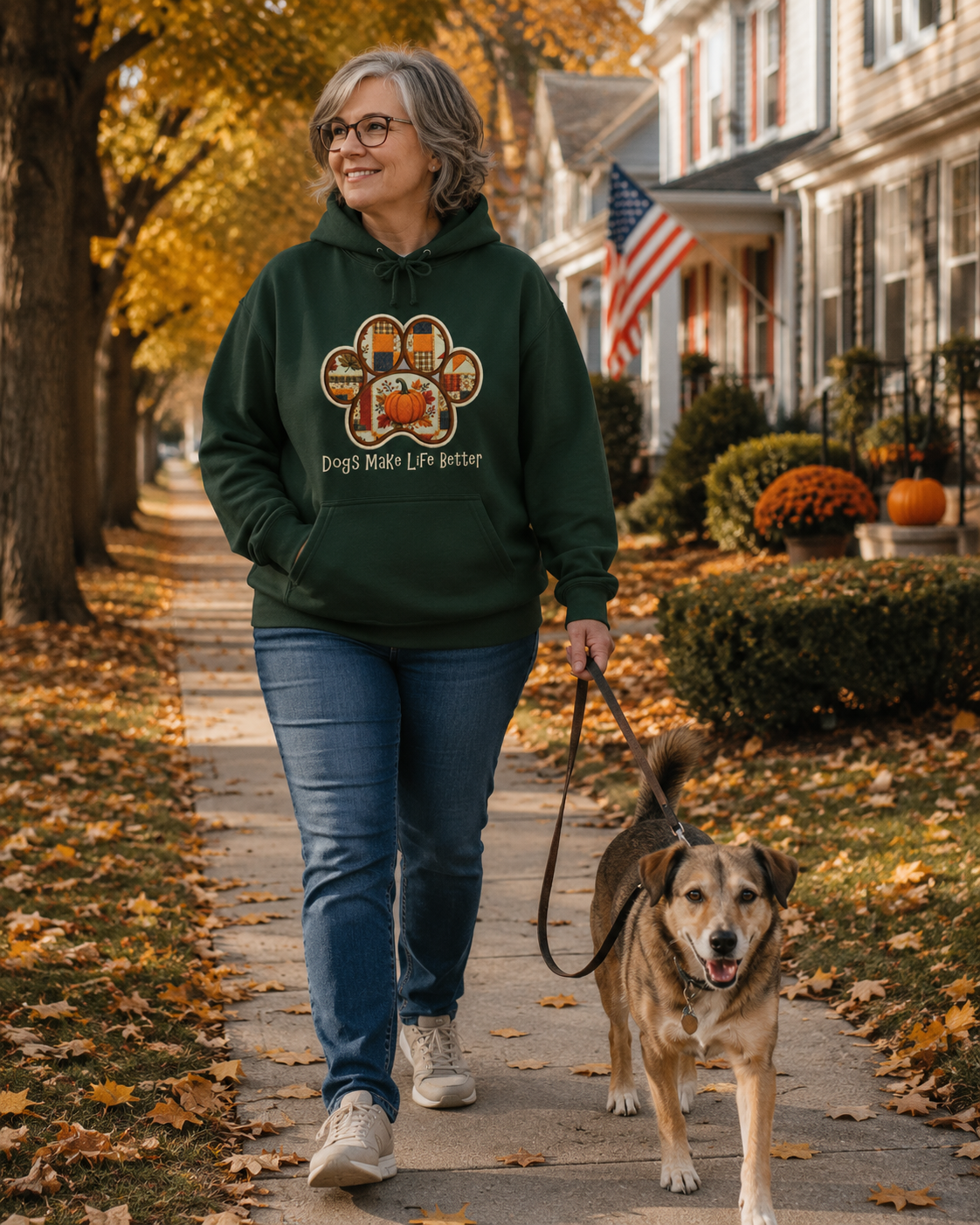 Fall Pumpkin Patchwork Quilt Paw Applique Embroidered Hoodie - Dogs Make Life Better
