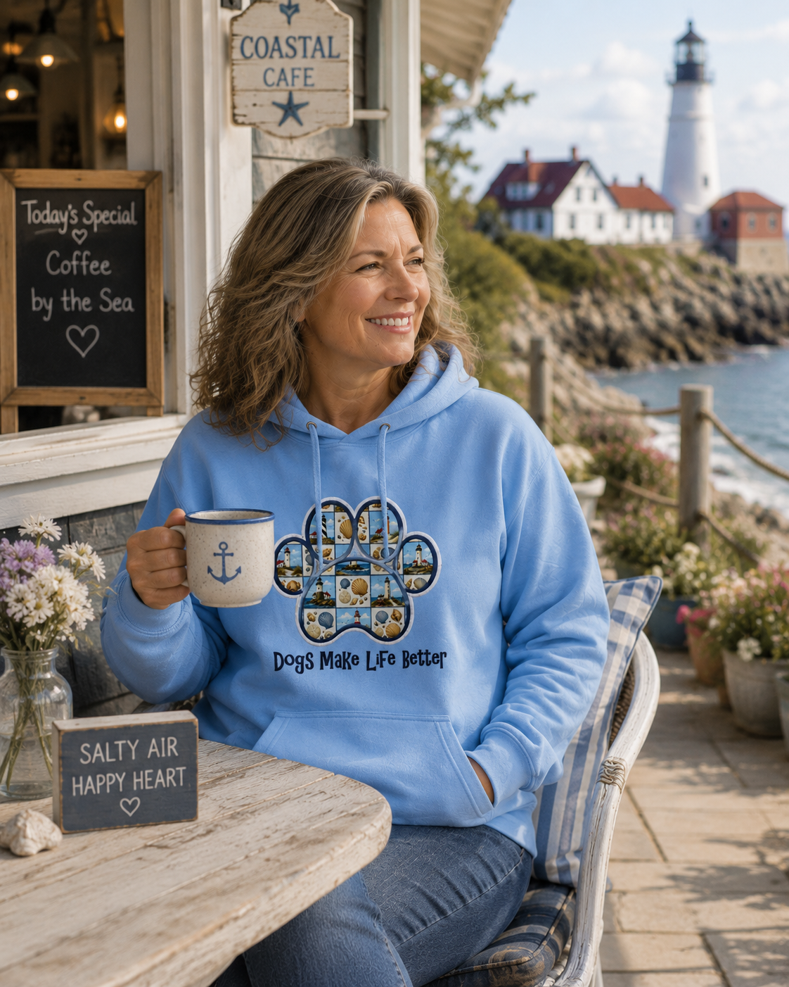 Lighthouse  Patchwork Quilt Paw Applique Embroidered Hoodie - Dogs Make Life Better