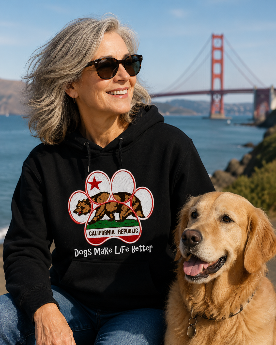 California State Flag Paw Embroidered Hoodie Dogs Make Life Better