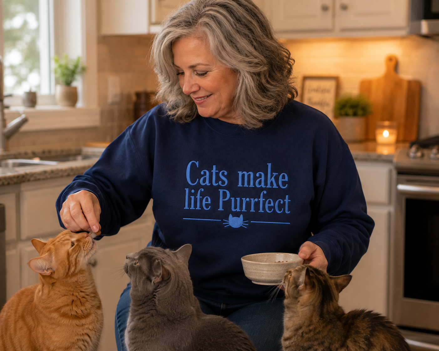 Cats Make Life Purrfect Embroidered crewneck Sweatshirt