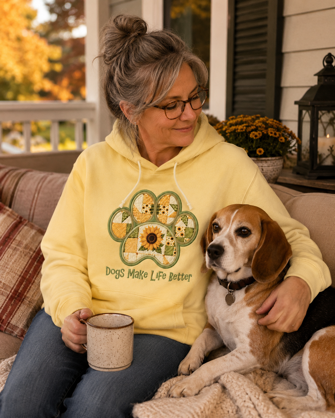Sunflower Paw Applique Embroidered Hoodie - Dogs Make Life Better