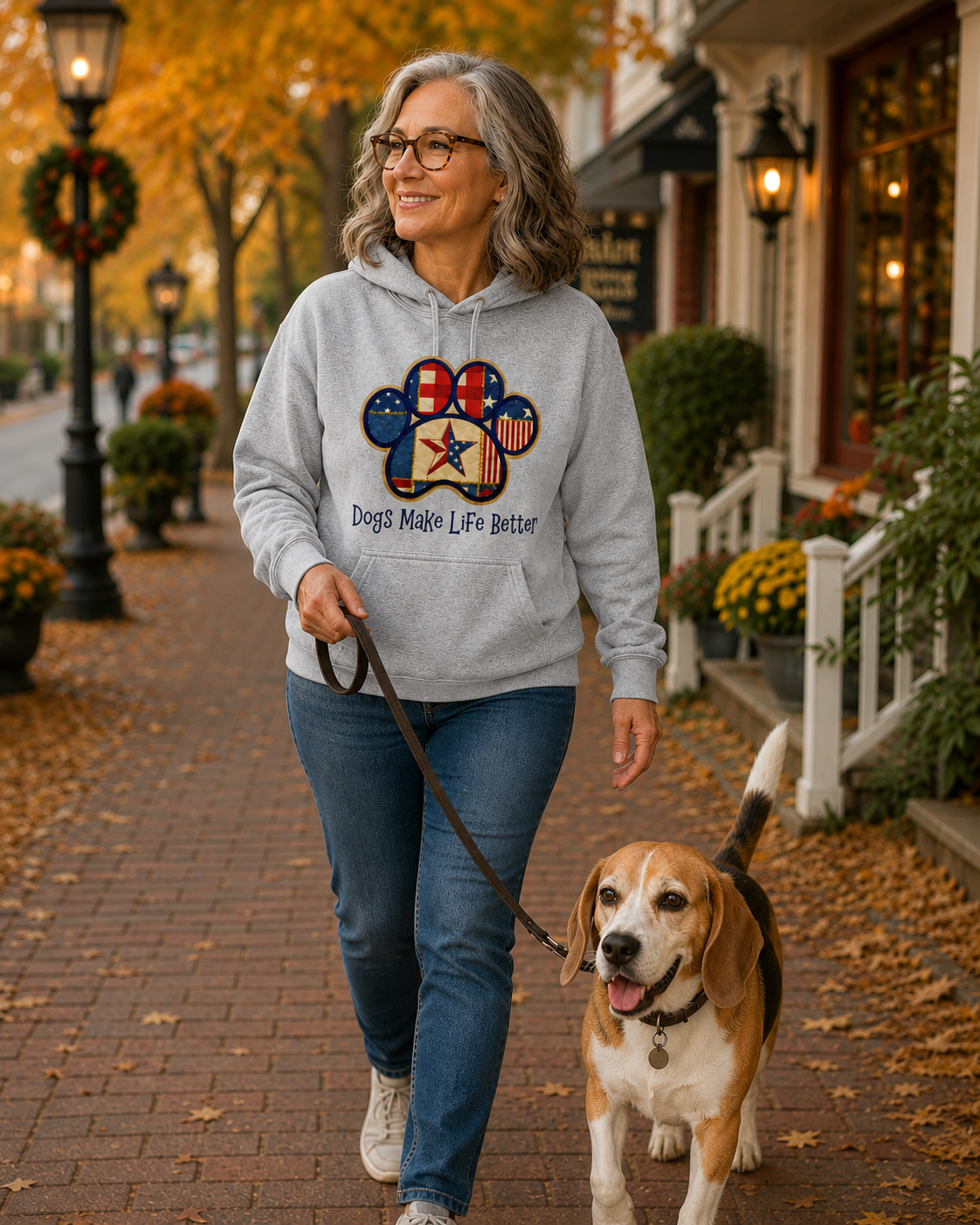 USA Patchwork Quilt Paw Applique Embroidered Hoodie - Dogs Make Life Better
