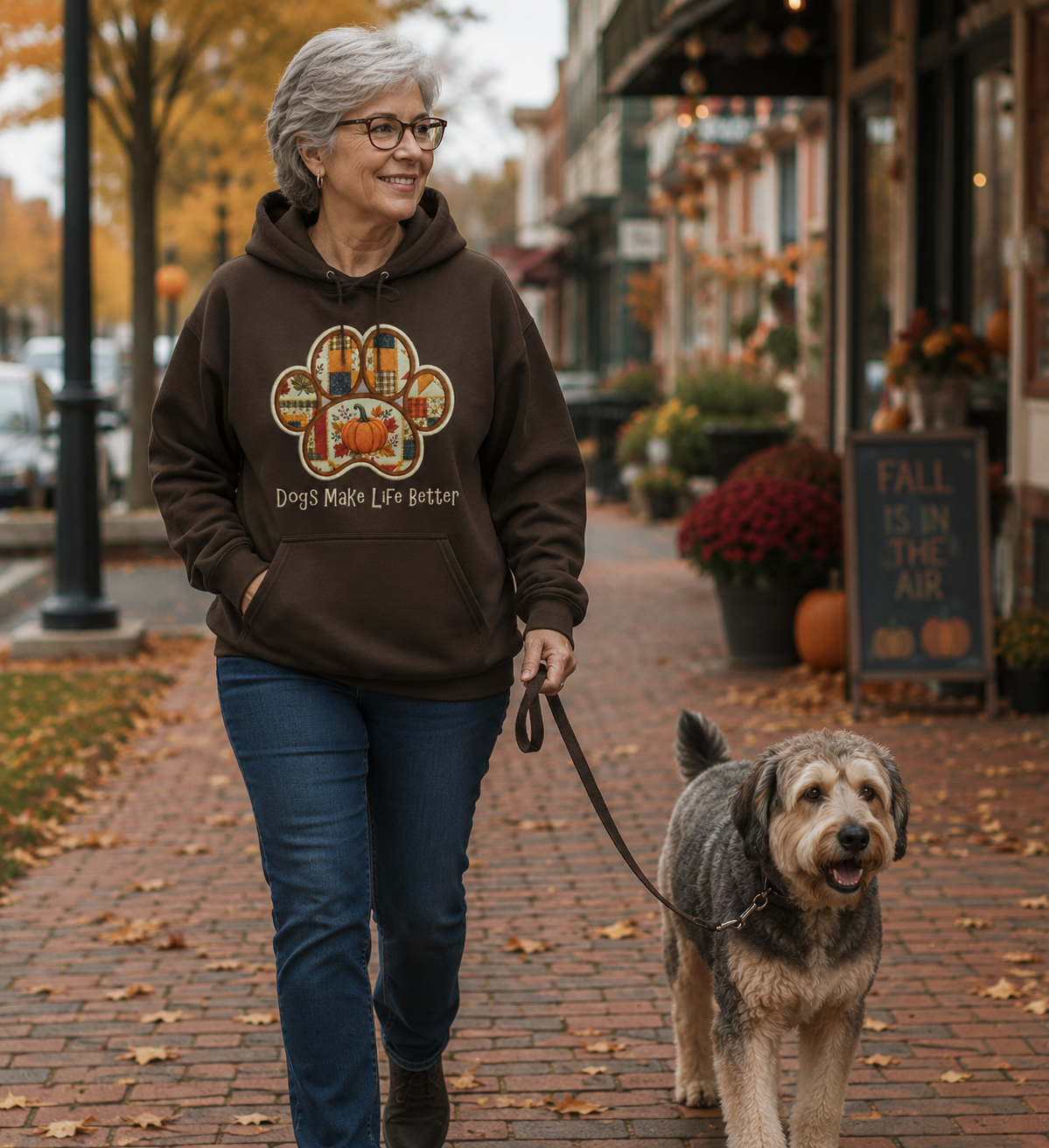 Fall Pumpkin Patchwork Quilt Paw Applique Embroidered Hoodie - Dogs Make Life Better