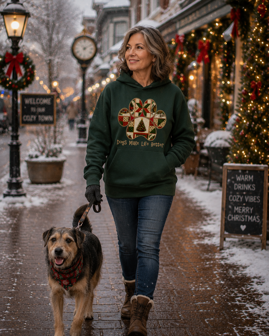 Christmas Quilt Paw Applique Embroidered Hoodie - Dogs Make Life Better