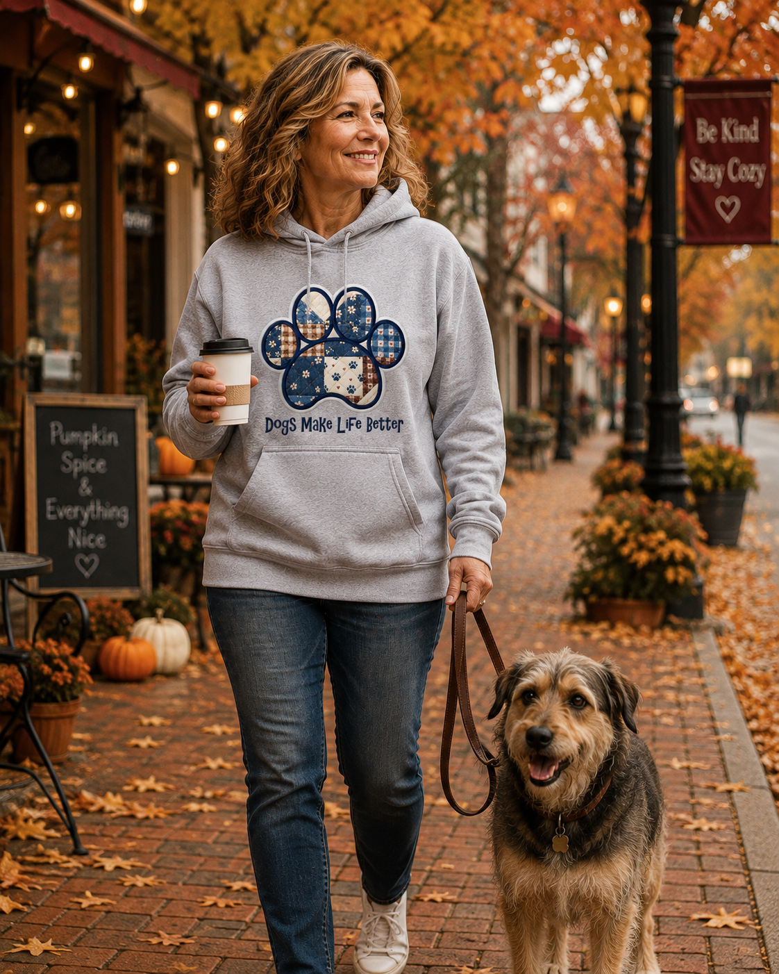 Quilt Paw Applique Embroidered Hoodie - Dogs Make Life Better