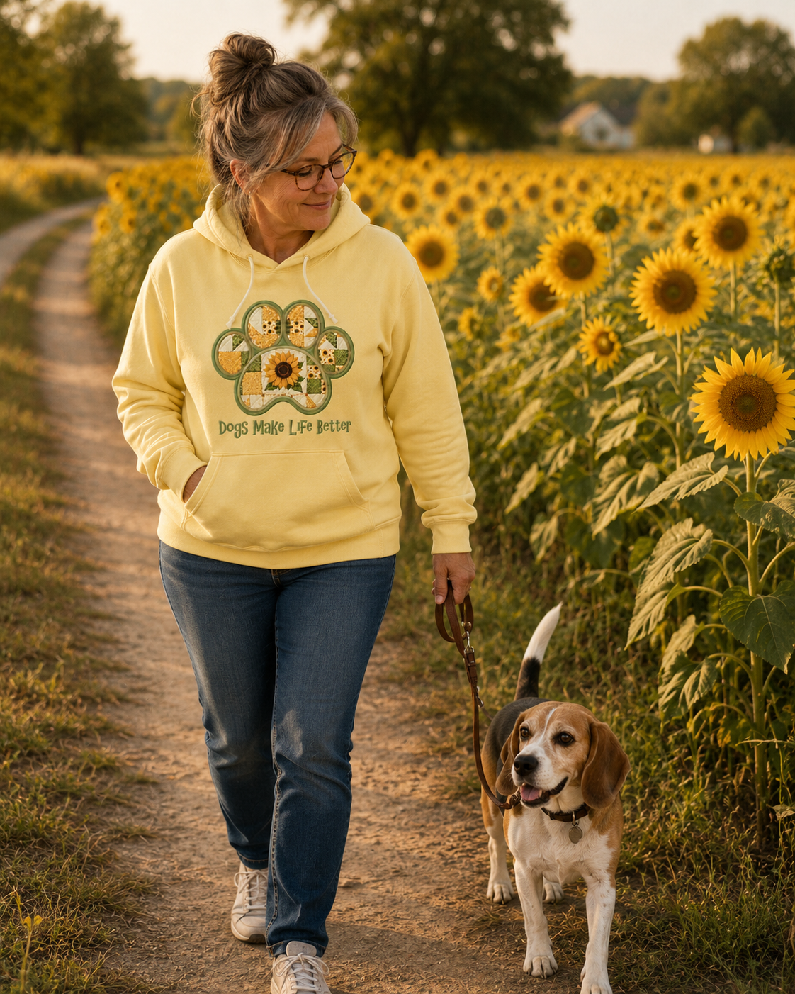 Sunflower Paw Applique Embroidered Hoodie - Dogs Make Life Better