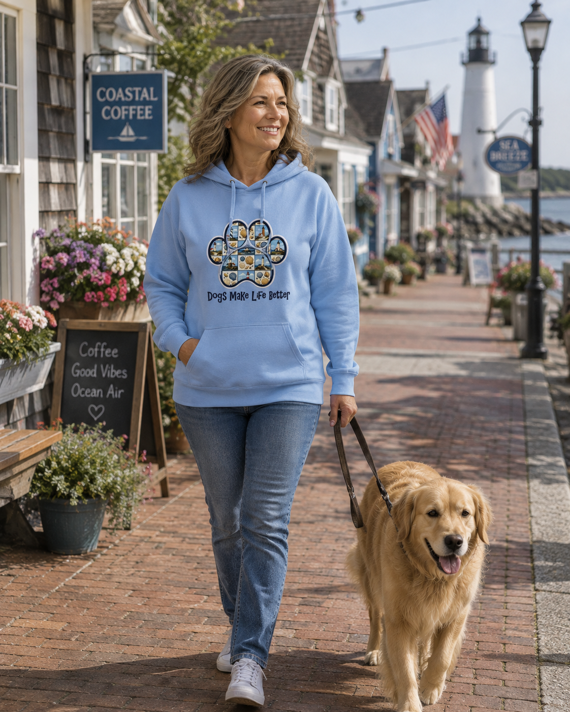 Lighthouse  Patchwork Quilt Paw Applique Embroidered Hoodie - Dogs Make Life Better