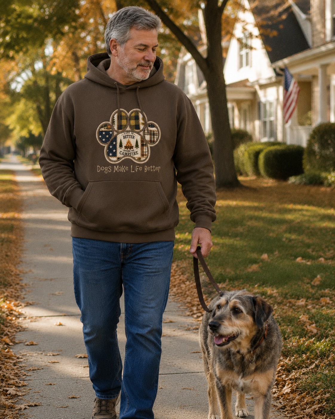 Campfire  Patchwork Quilt Paw Applique Embroidered Hoodie - Dogs Make Life Better