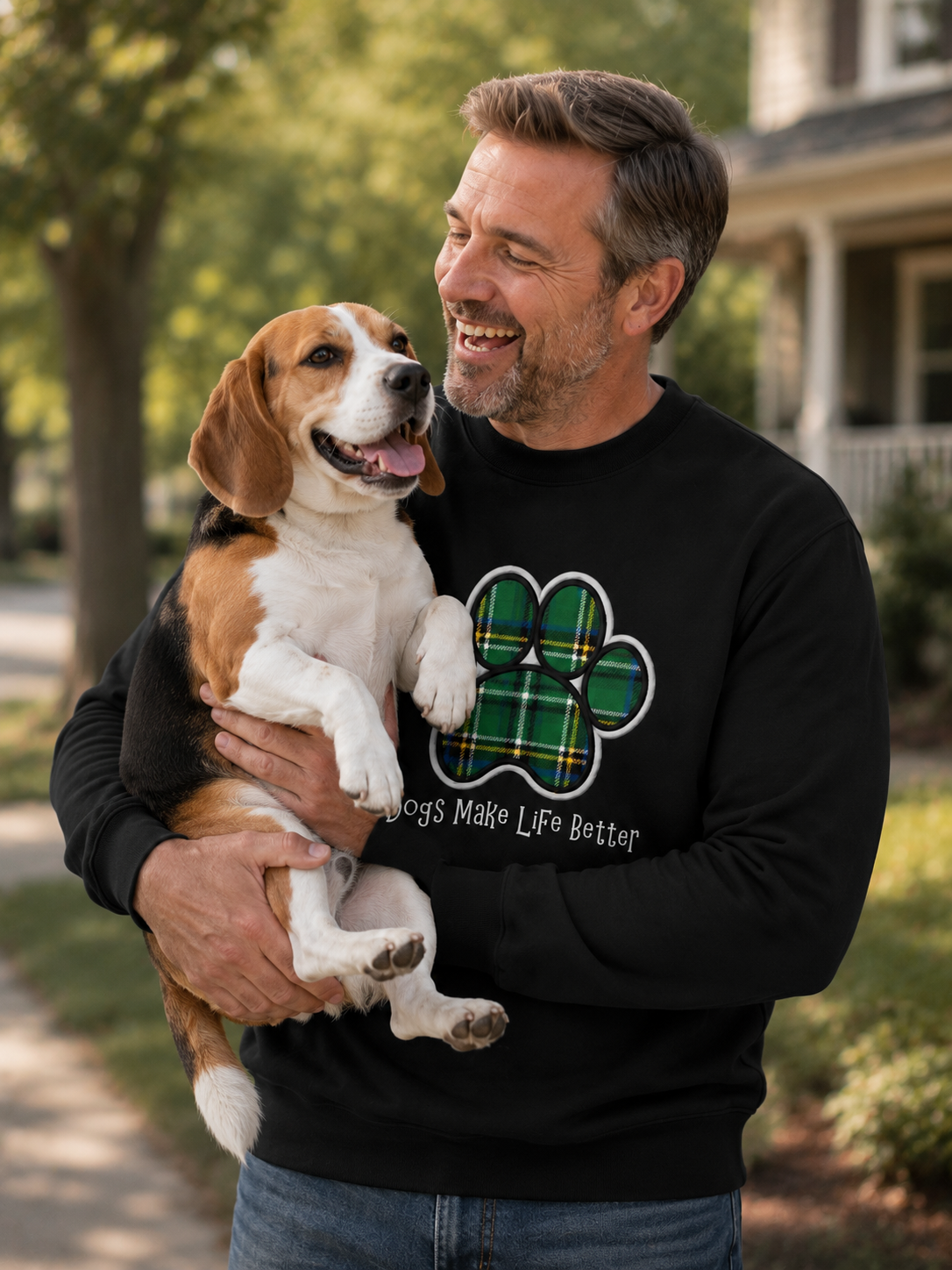 Green Plaid Paw Embroidered Crewneck Sweatshirt- Dogs Make Life Better