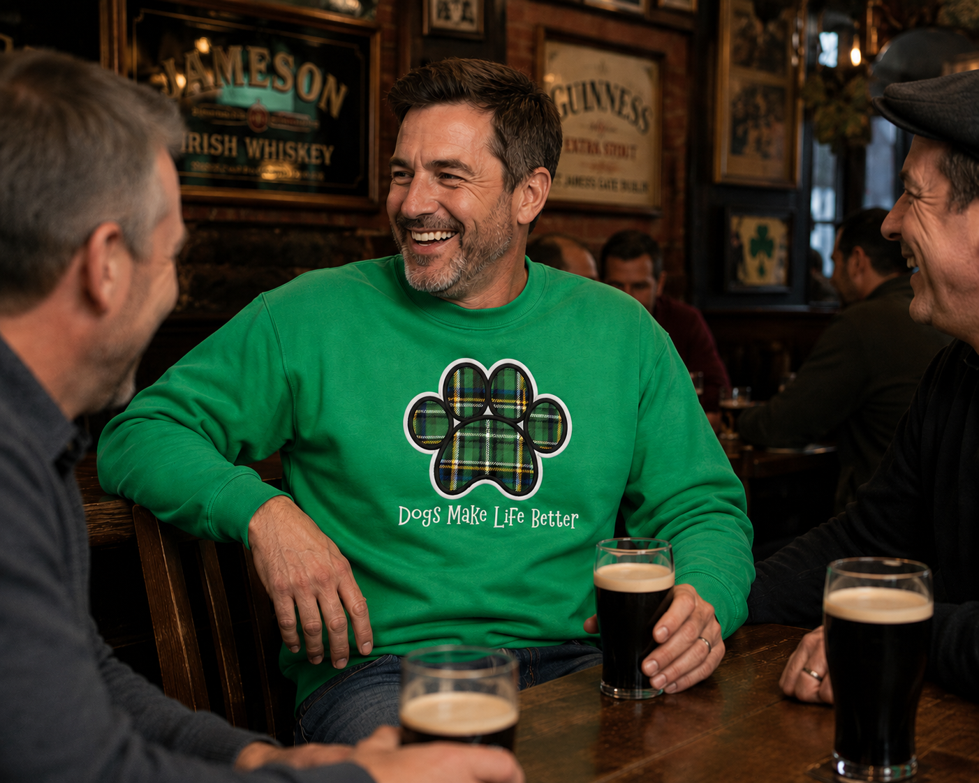 Green Plaid Paw Embroidered Crewneck Sweatshirt- Dogs Make Life Better