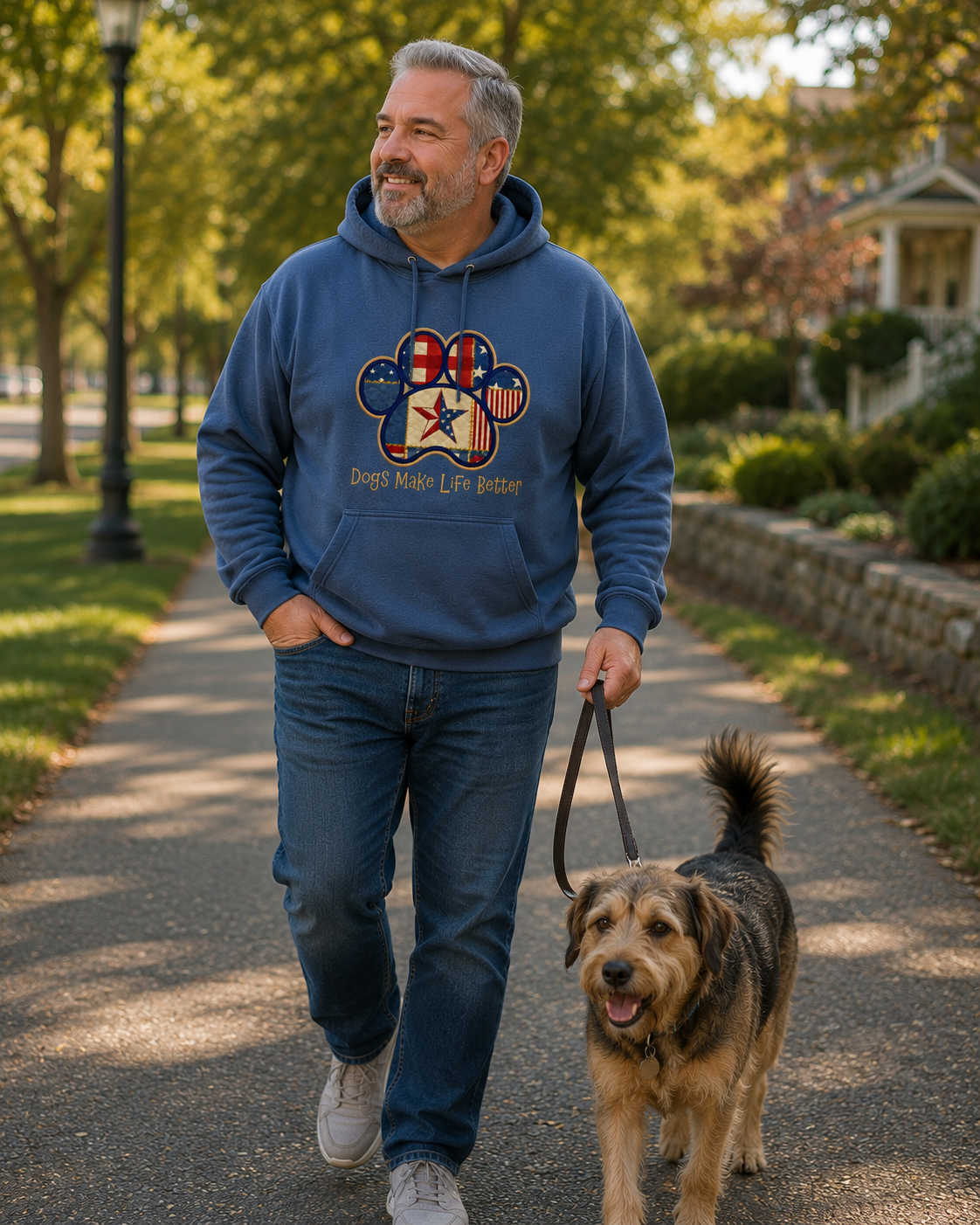 USA Patchwork Quilt Paw Applique Embroidered Hoodie - Dogs Make Life Better