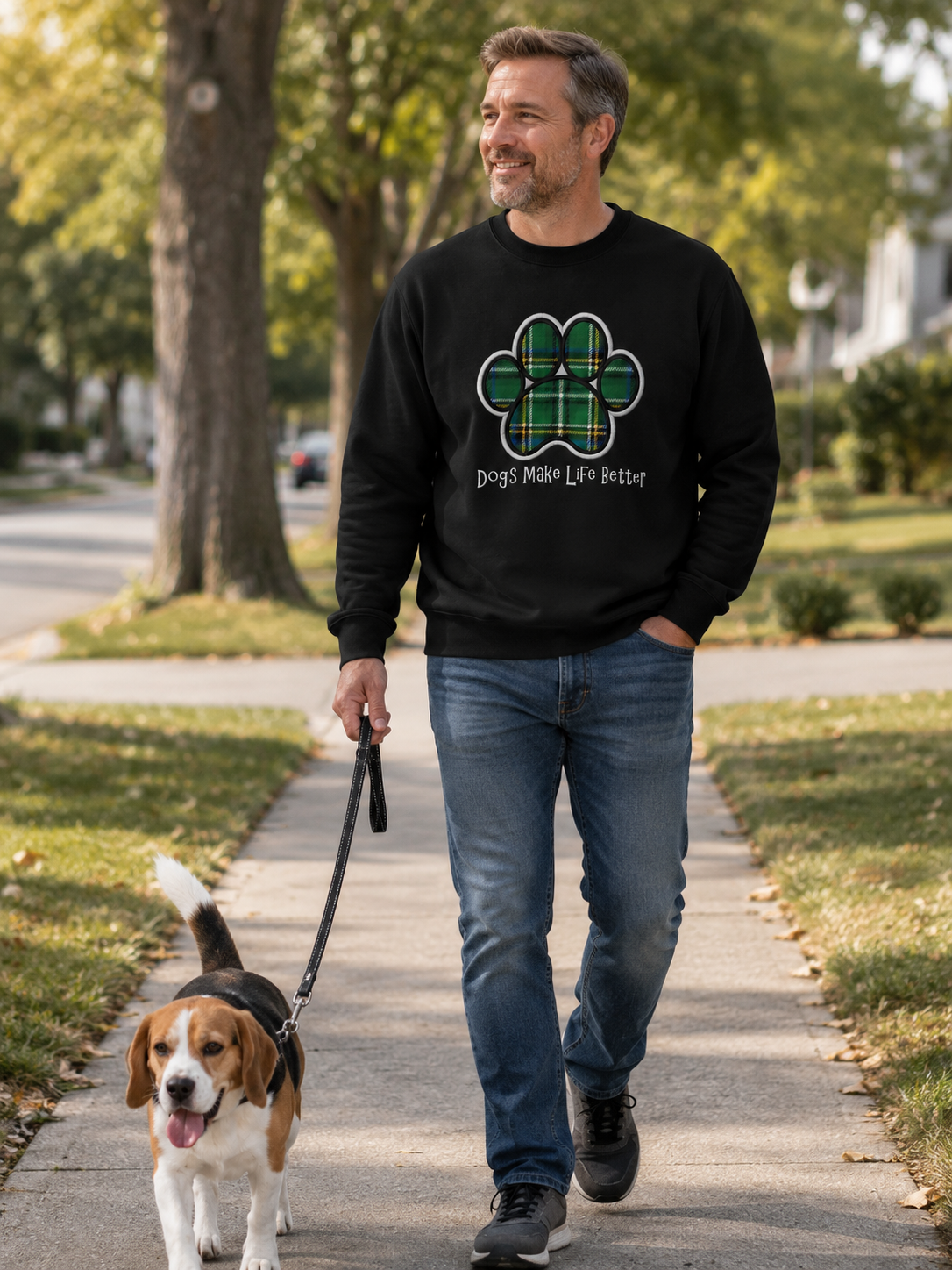 Green Plaid Paw Embroidered Crewneck Sweatshirt- Dogs Make Life Better