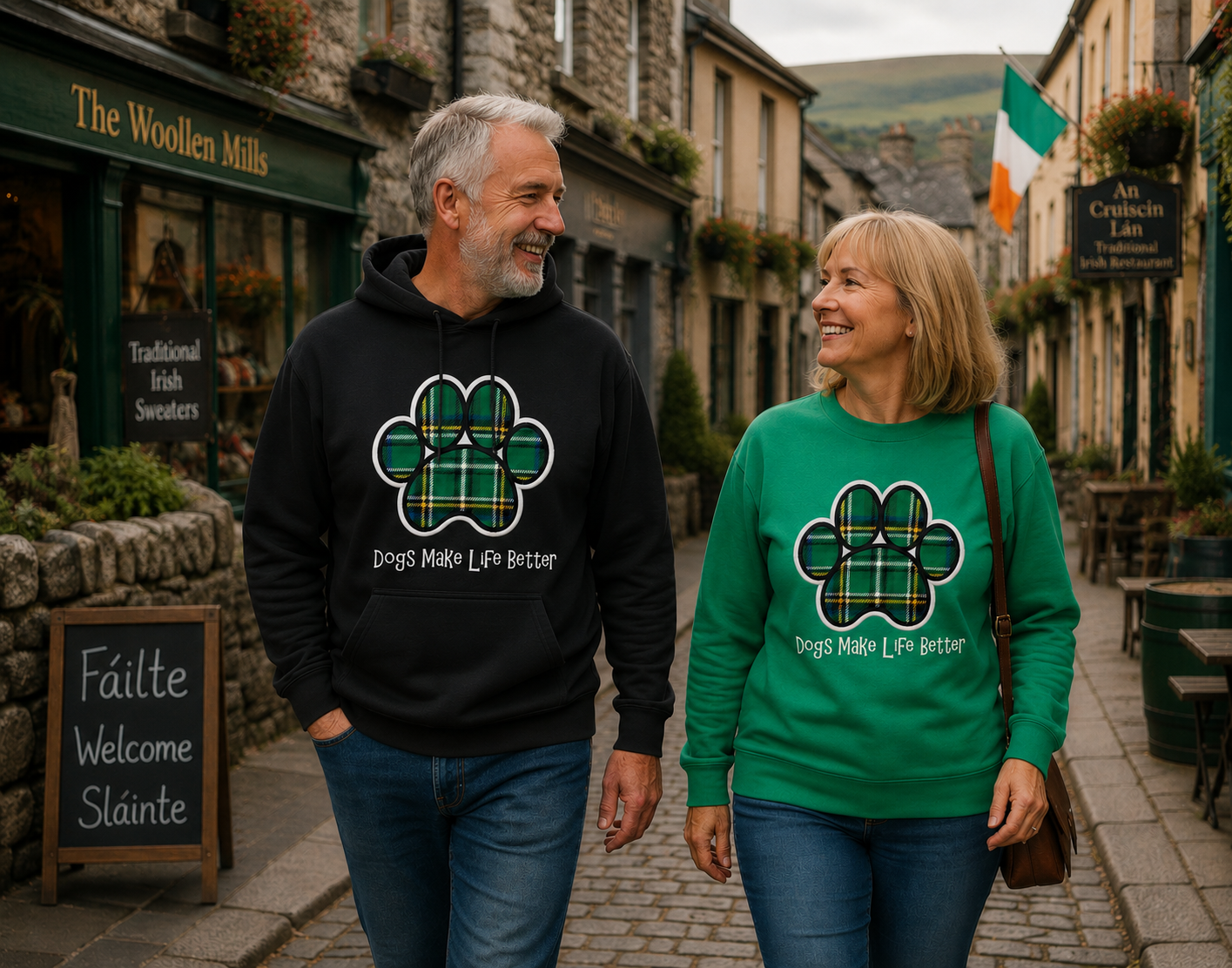 Green Plaid Paw Embroidered Hoodie- Dogs Make Life Better