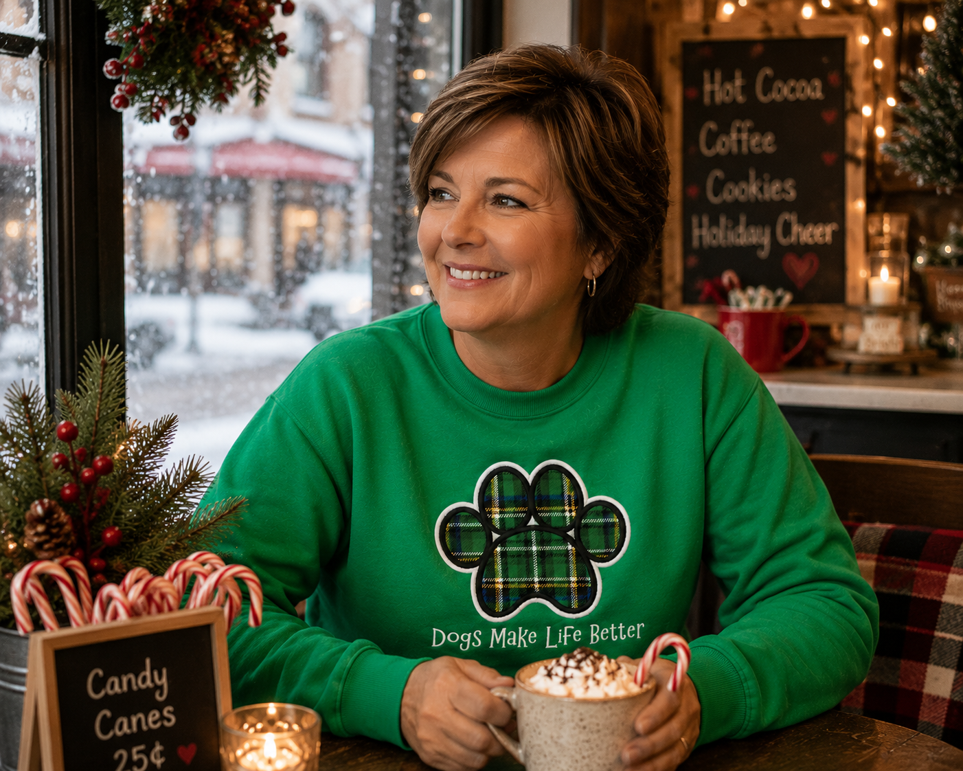 Green Plaid Paw Embroidered Crewneck Sweatshirt- Dogs Make Life Better
