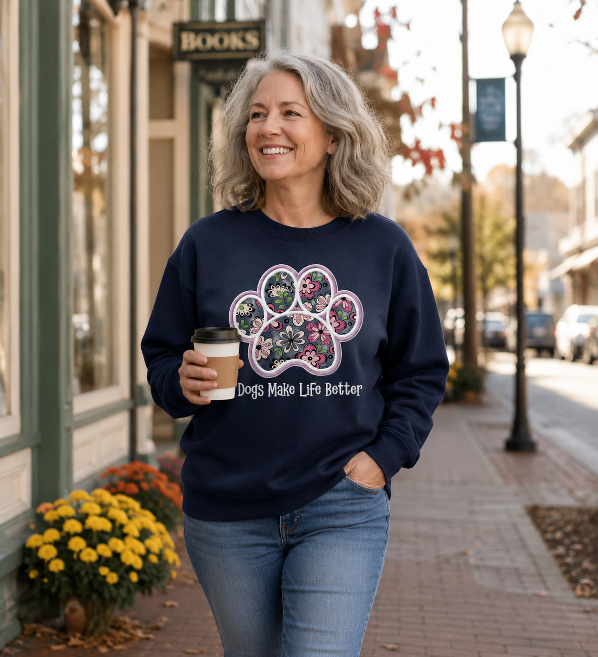 Flower Paw Embroidered Dog Lover Crewneck sweatshirt - Dogs Make Life Better