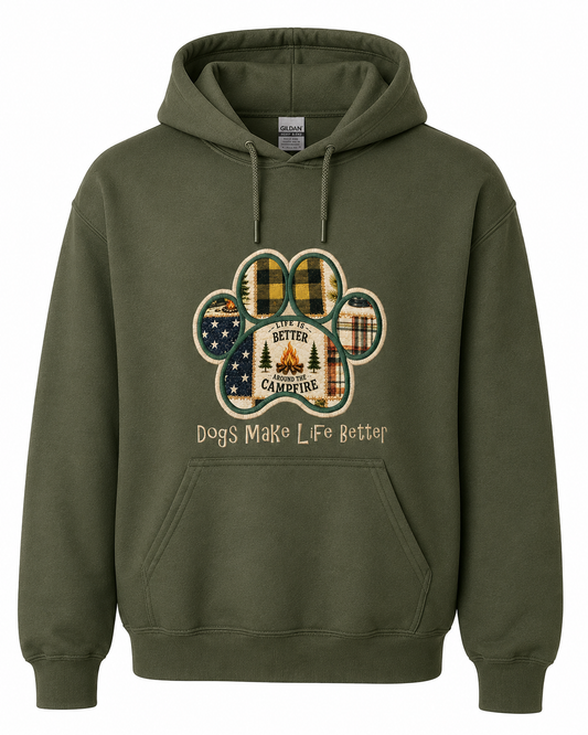 Campfire  Patchwork Quilt Paw Applique Embroidered Hoodie - Dogs Make Life Better