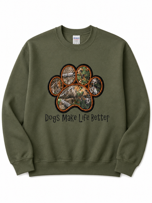 Camo Paw Embroidered Crewneck sweatshirt- Dogs Make Life Better