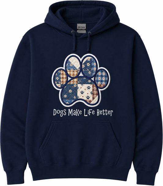 Quilt Paw Applique Embroidered Hoodie - Dogs Make Life Better